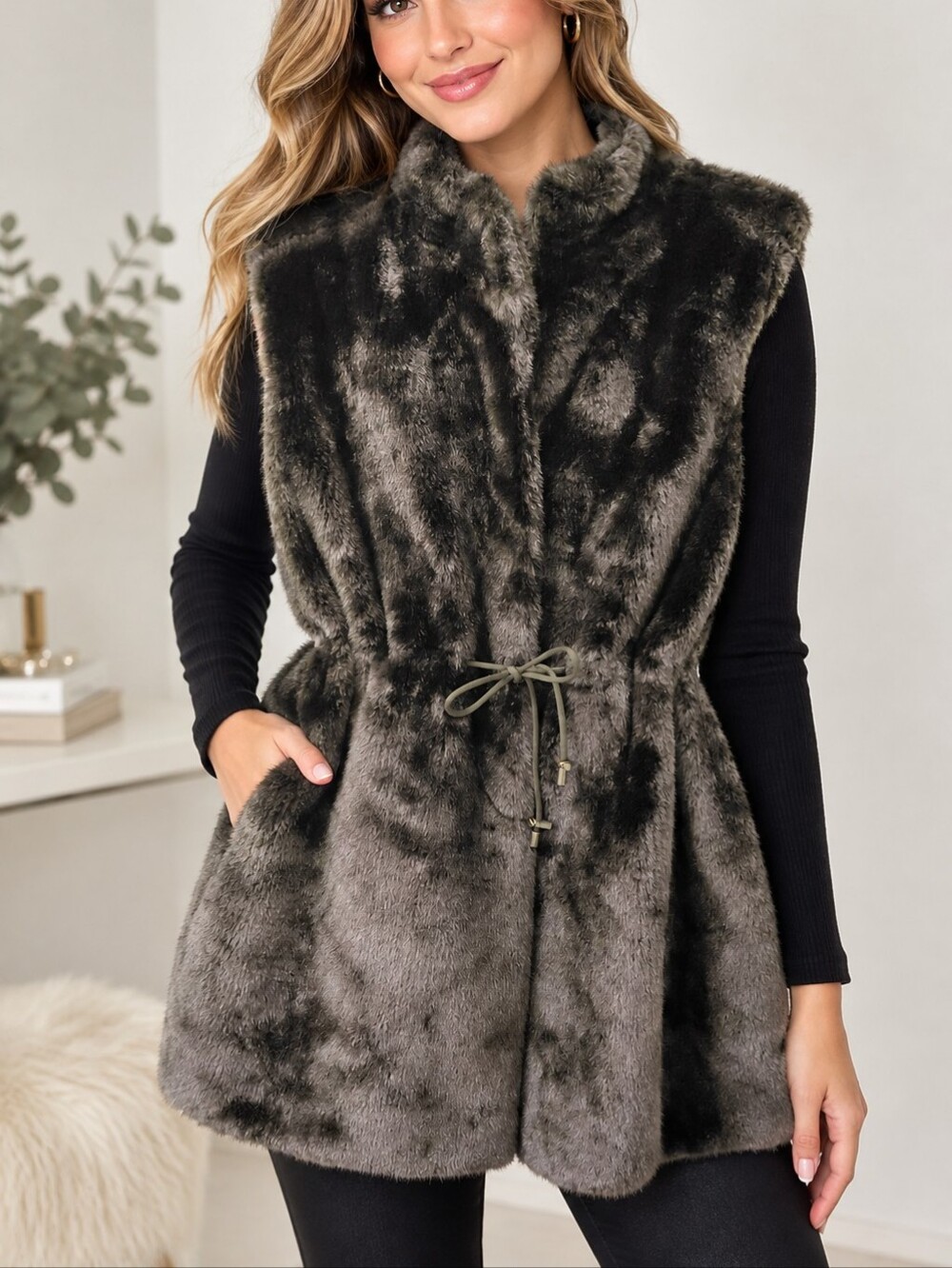Donna Salyers Fabulous Furs Brown Faux Fur Drawstring Vest Size XL